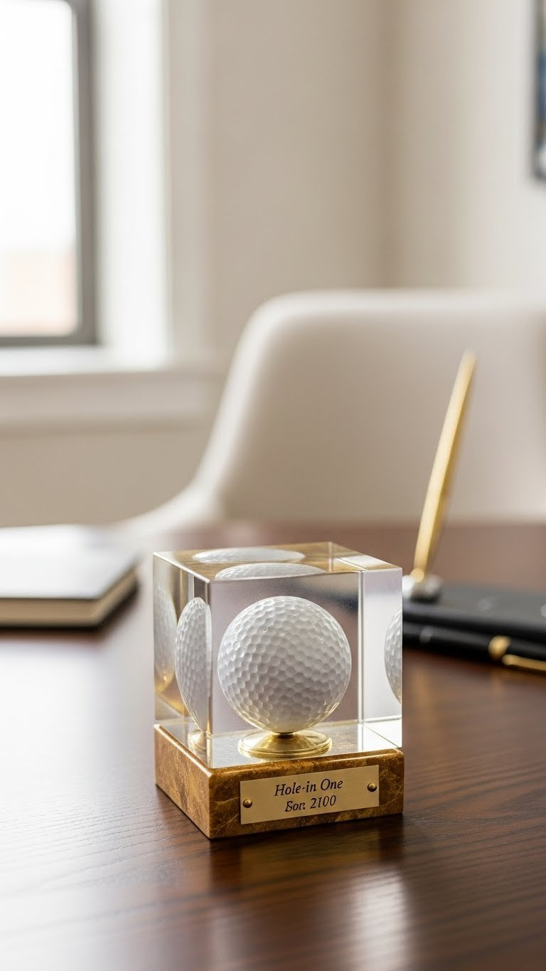 Clear Epoxy Resin Cube Trophy With Pristine White Golf Ball Suspended Inside On Polished Dark Wood Desk Surface