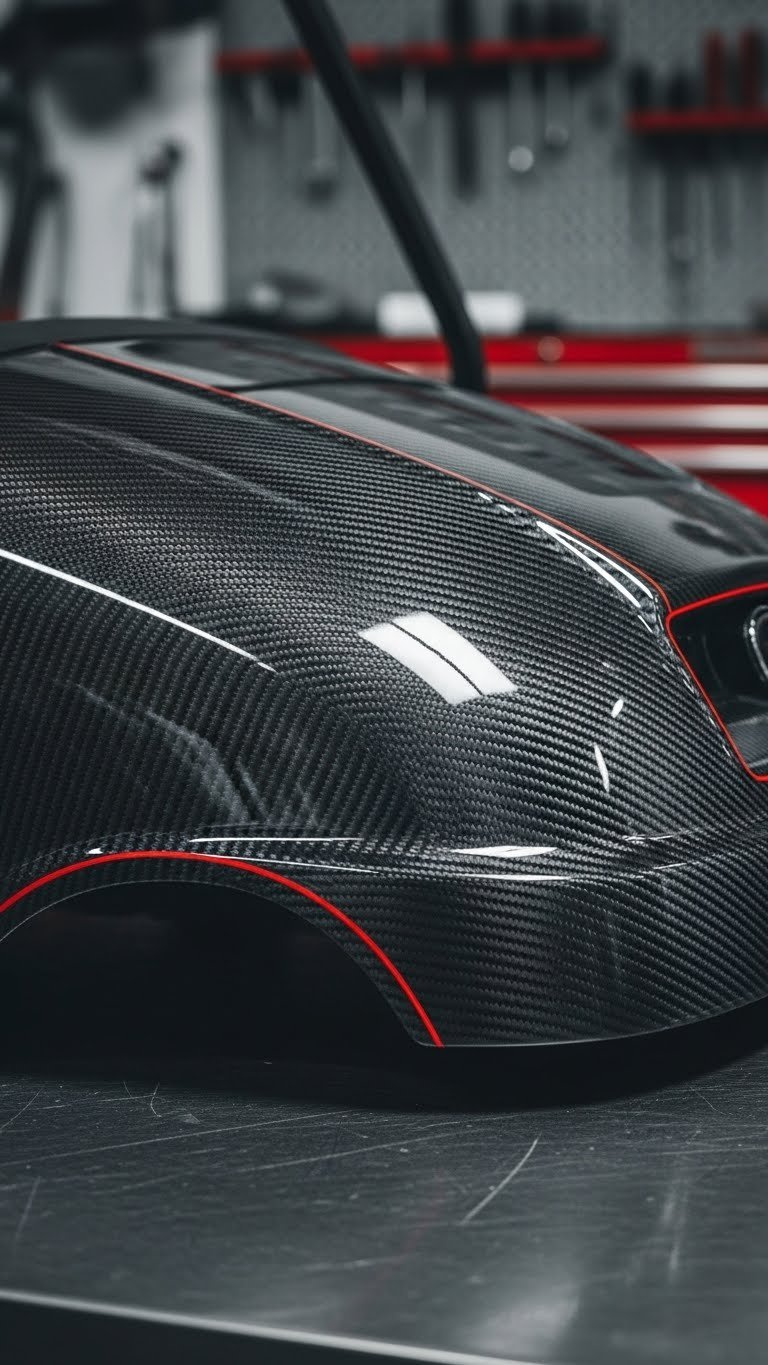 Close-Up Detail Of Golf Cart With Carbon Fiber Vinyl Wrap Showing Intricate Weave Pattern On Workshop Bench