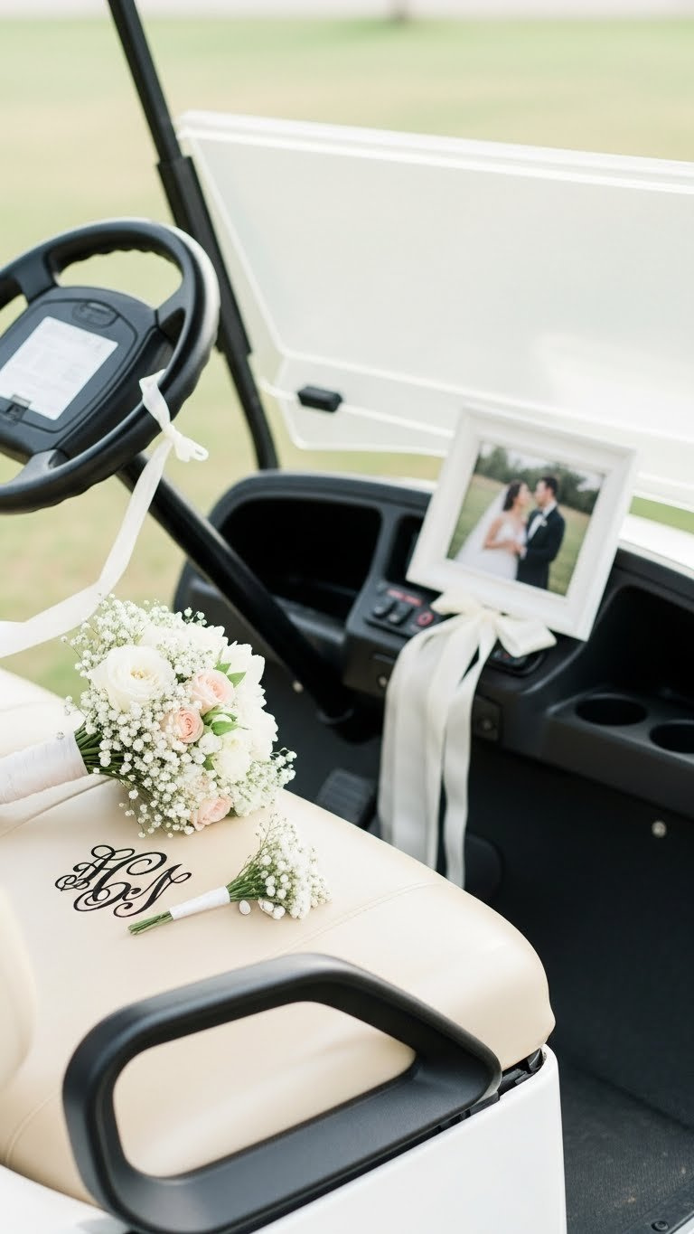 Close-Up Detail Of Personalized Golf Cart Interior With Embroidered Monogram Seat Cover And Romantic Wedding Accents
