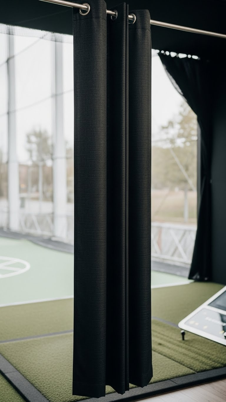 Golf Simulator Room Curtains Complete Guide For Home Setups Close-Up Detail Shot Of Deep Black Commando Cloth Curtain With Matte Finish Hanging In Professional Golf Simulator Studio.