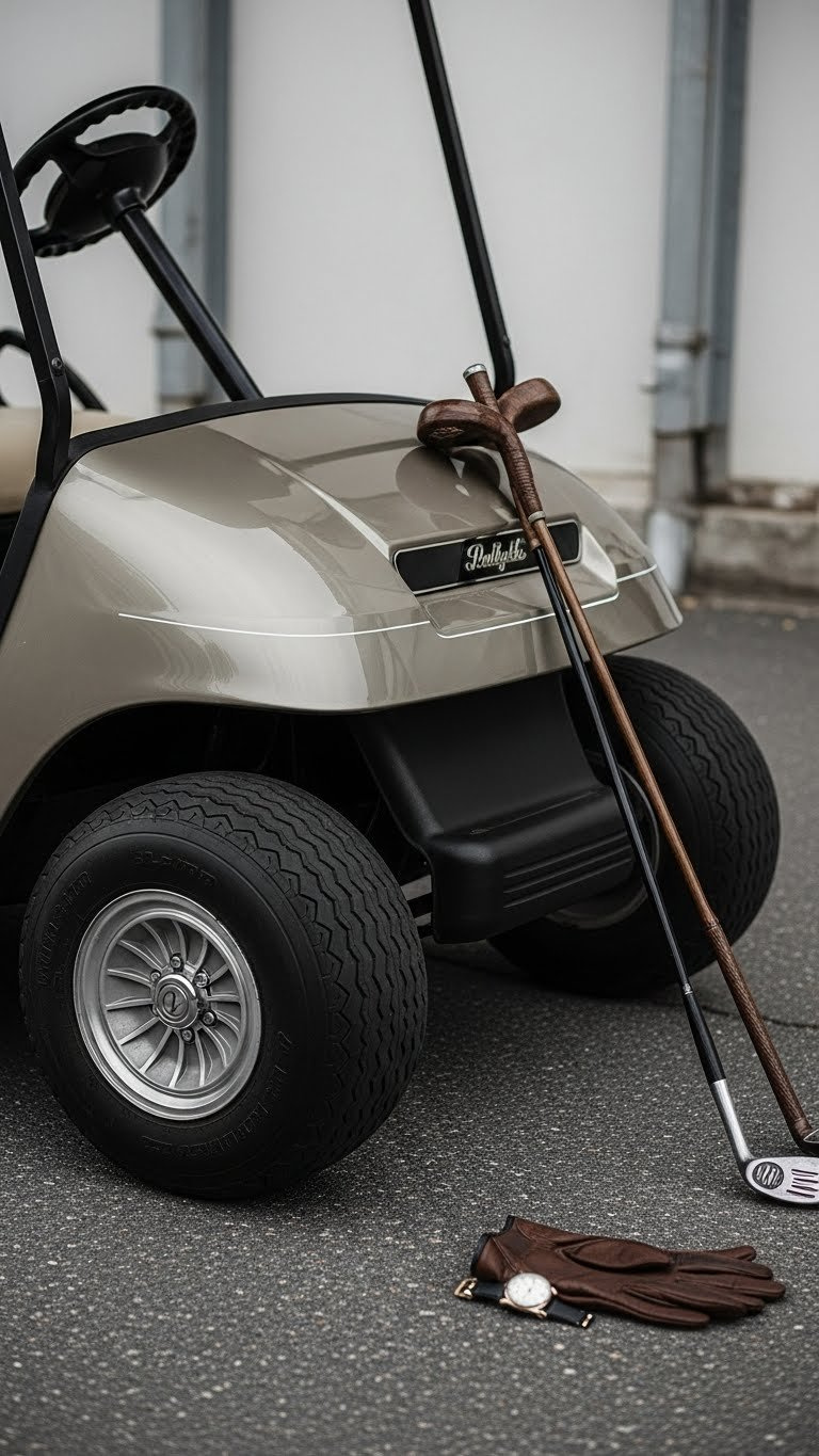 Close-Up Detail Shot Of Vintage Golf Cart Emblem With Chrome Finish And Soft Bokeh Background