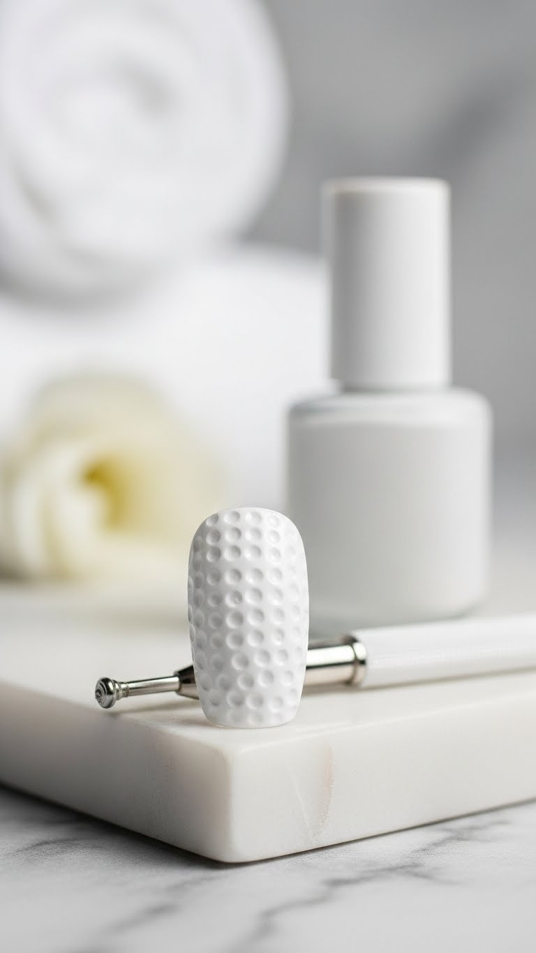 Close-Up Macro Photo Of White Golf Ball Textured Nail Art With Realistic Dimples On Marble Slab With Nail Polish Tools
