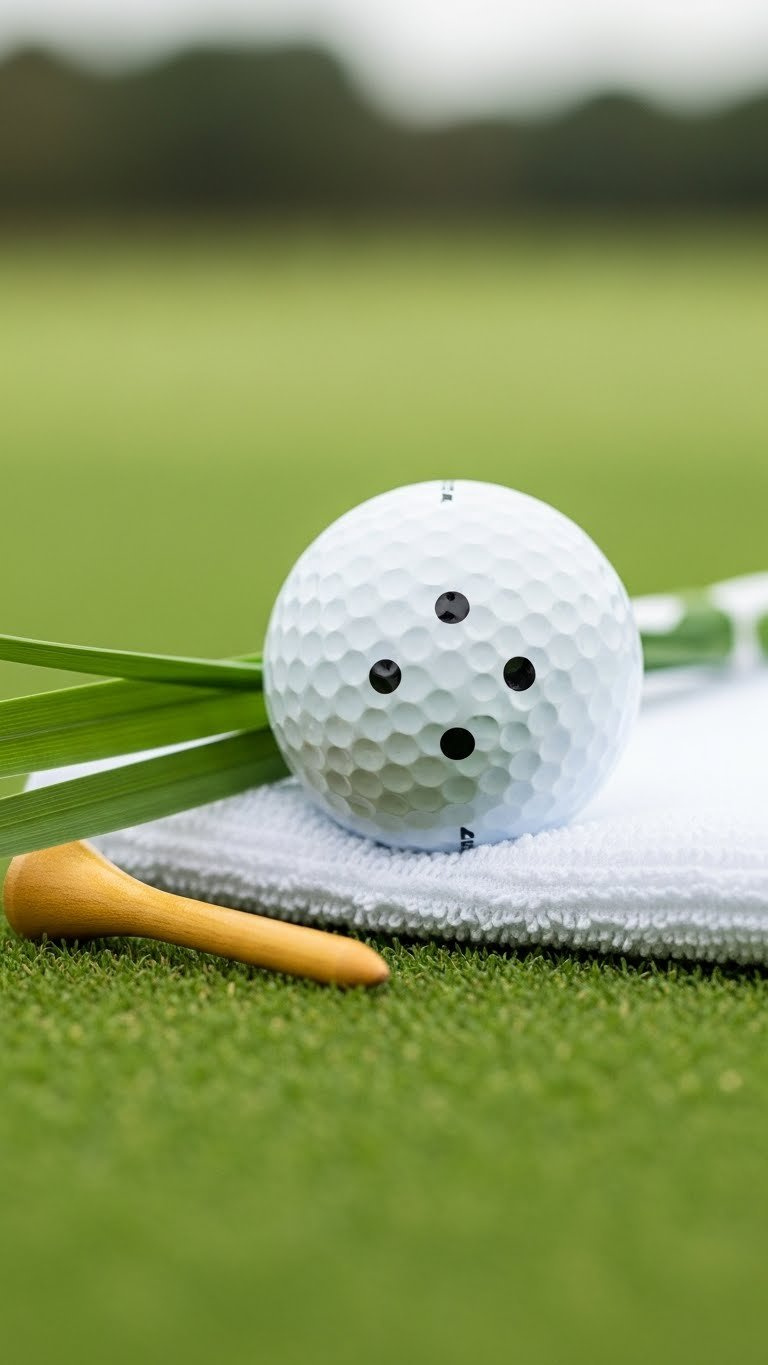 Close-Up Macro Photo Of White Golf Ball With Crisp Black Dot Pattern On Green Turf Background For Golf Ball Marking Ideas