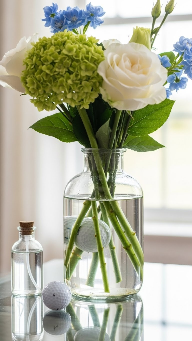 Close-Up Macro Shot Of Golf Ball Flower Arrangement Base Showing Clear Water And Crisp Green Stems