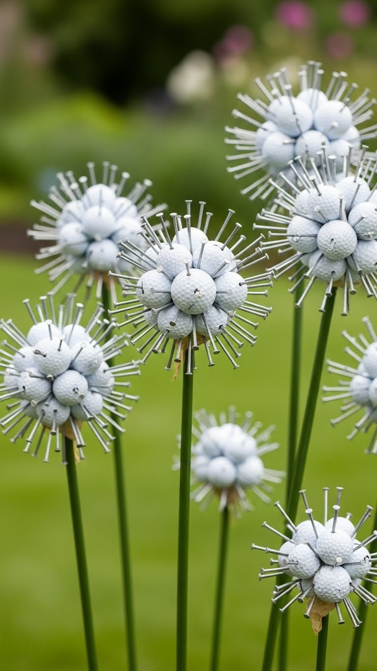 Close-Up Of Diy Golf Ball Flowers Made With Nails Arranged In Lush Green Garden Setting With Soft Bokeh Background