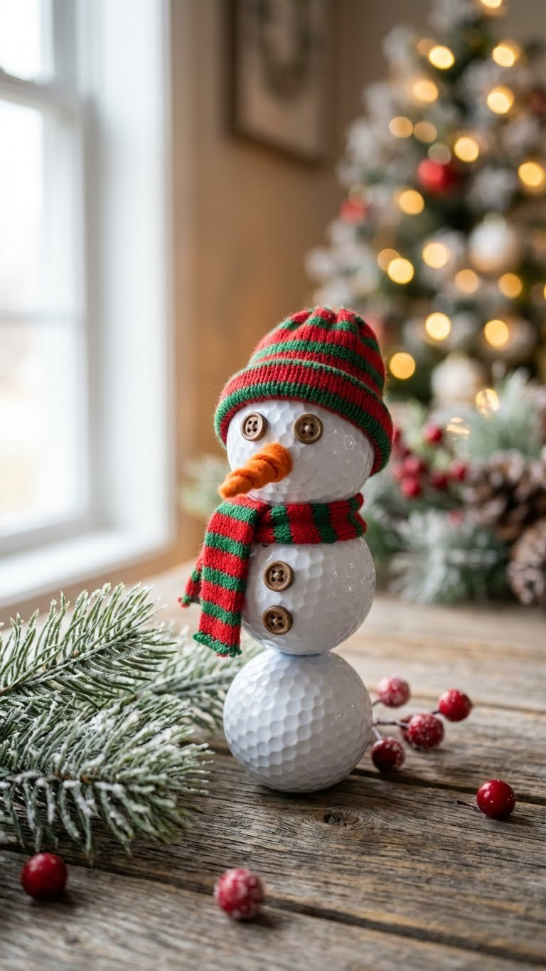 Golf Ball Christmas: 9 Genius Diy Ornament Ideas Close-Up Of A Charming Golf Ball Snowman Ornament With A Carrot Nose And Felt Scarf On A Rustic Wooden Table With Festive Greenery.