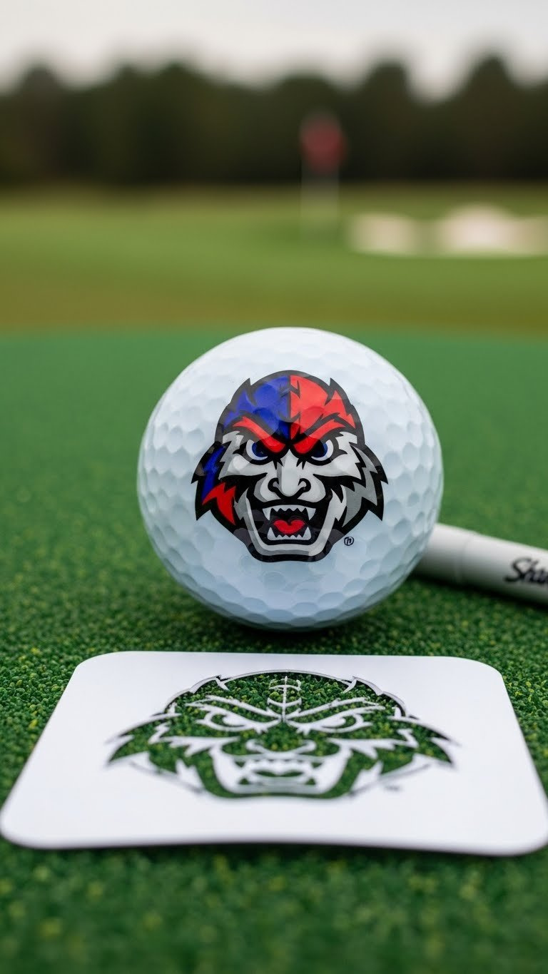Ultimate Golf Ball Sharpie Bouquet: Easy Diy Gifts Guide Close-Up Of A Custom Golf Ball With A Multi-Colored Sports Logo, Mascot Design, On A Putting Green Mat With Markers.