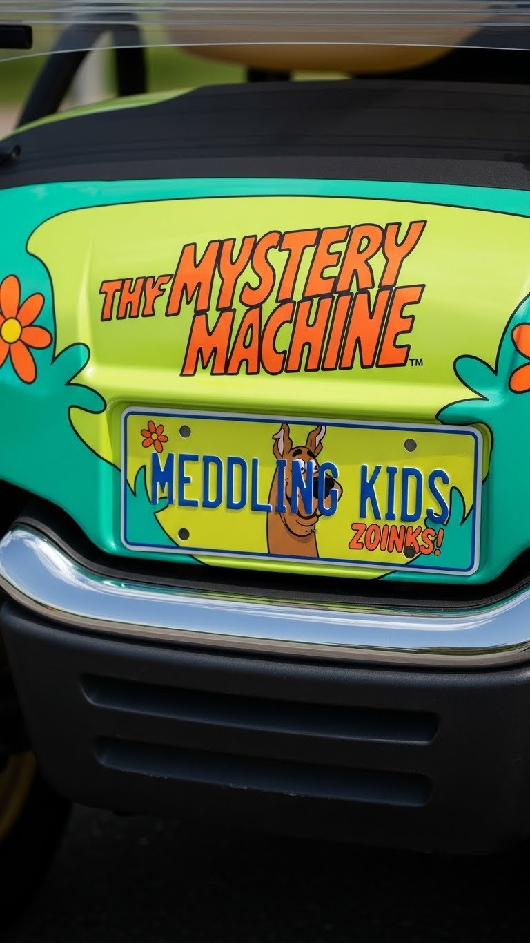 Close-Up Of A Custom Themed License Plate Mounted On A Mystery Machine Golf Cart Rear Bumper