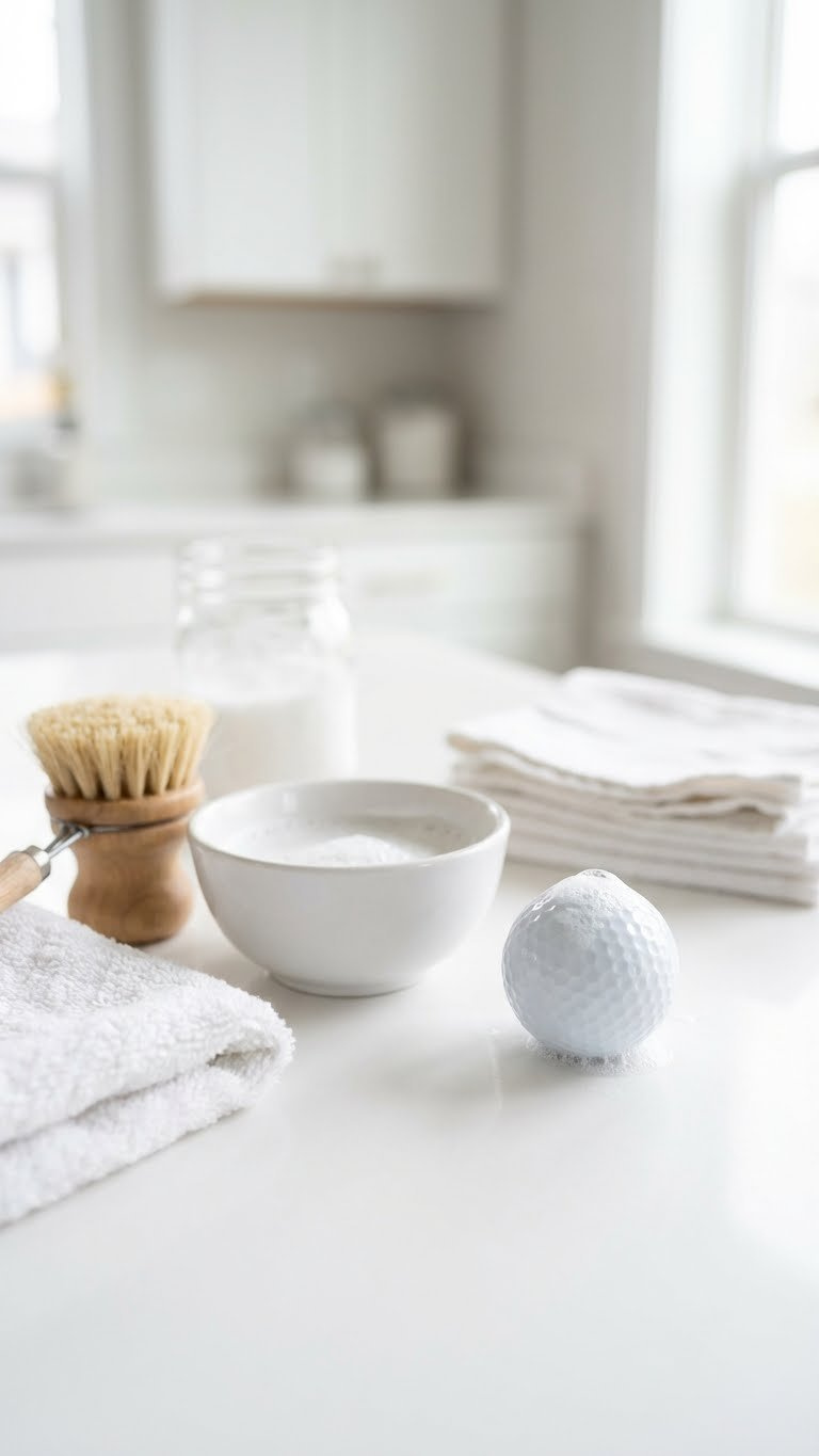 Golf Ball Cow Craft: Easy Guide To Cute Diy Decor Close-Up Of A Glossy White Golf Ball, Warm Soapy Water, Scrub Brush, And Cloth On A White Countertop For Cleaning.