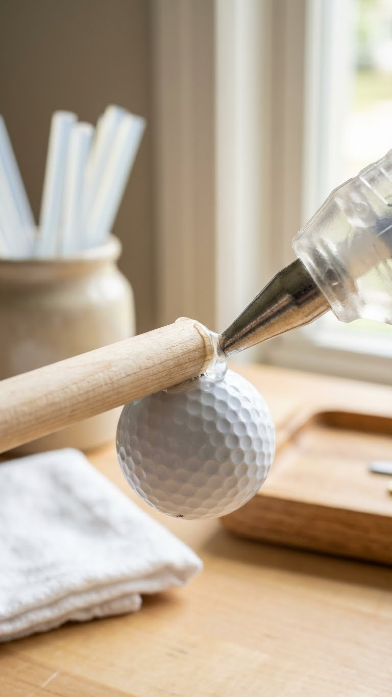 Close-Up Of A Golf Ball Being Carefully Glued Onto A Wooden Dowel With Hot Glue, Part Of A Diy Bouquet Craft.