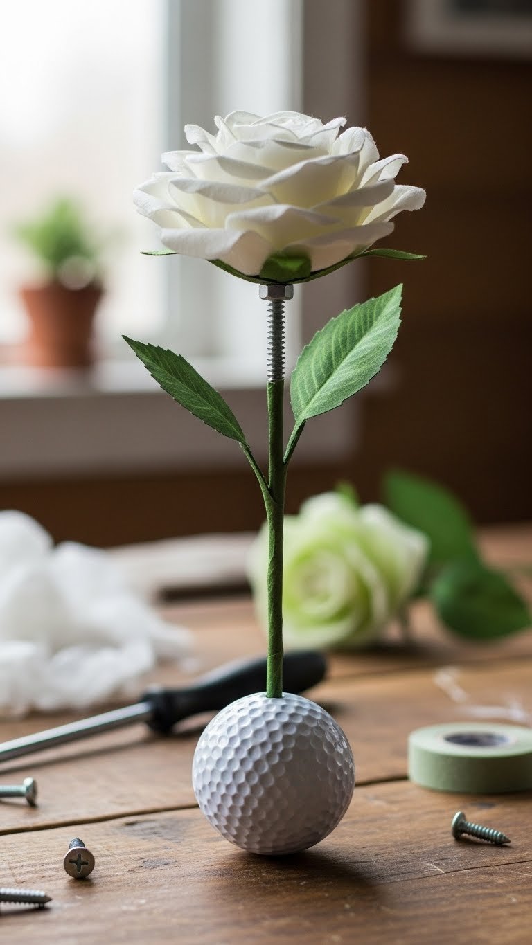 Close-Up Of A Golf Ball Flower With Screw-In Green Floral Stem Securely Attached To Dimpled Golf Ball Surface.