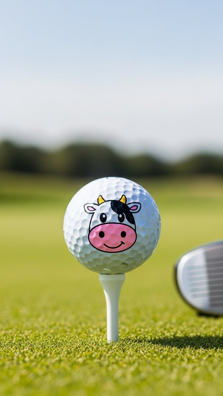 Close-Up Of A Golf Ball With A Cute Cartoon Cow Face Featuring Large Friendly Eyes And Pink Nose On A White Tee Against Blurred Golf Course Green Background