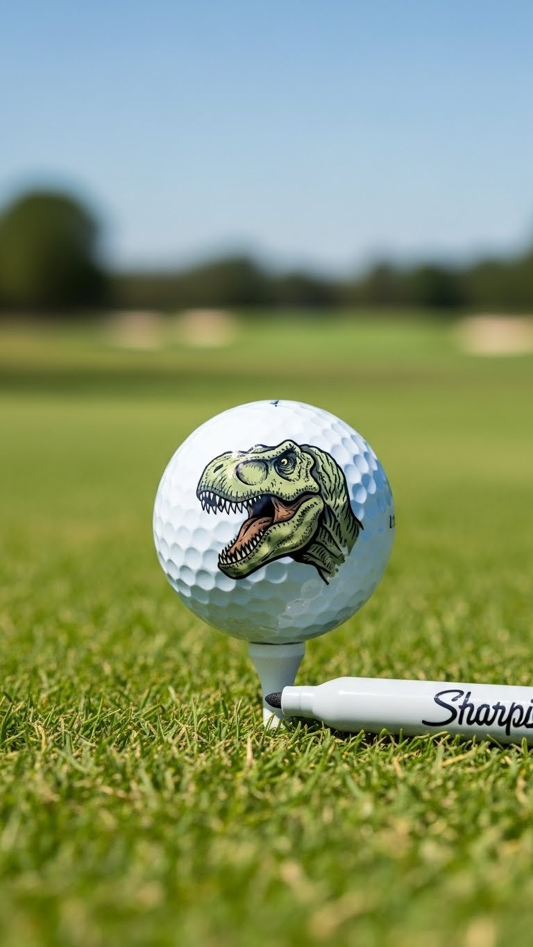 Close-Up Of A Golf Ball With Detailed T-Rex Dinosaur Head Design Drawn In Sharpie Marker On Lush Green Golf Course Grass With Soft Bokeh Background.