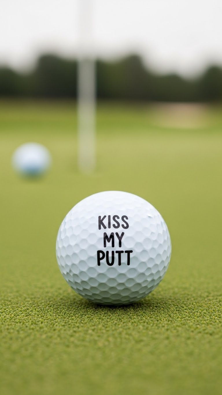 Close-Up Of A Golf Ball With Hand-Drawn 'Kiss My Putt' Sharpie Design Resting On A Putting Green With Soft Bokeh Background
