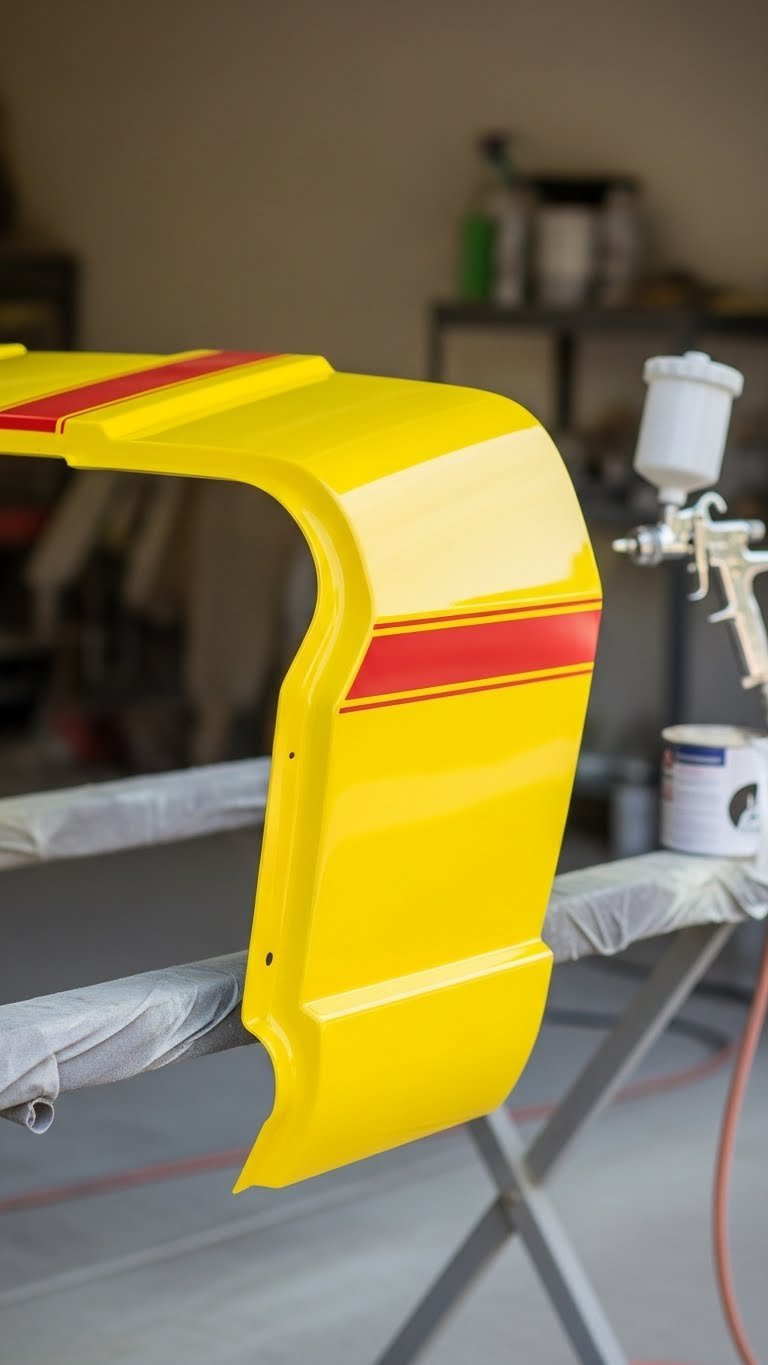 Create A Jurassic Park Golf Cart: 7 Easy Diy Ideas Close-Up Of A Golf Cart Body Panel Freshly Painted In Jurassic Park Jeep Yellow With Red Stripe Accent Against Soft Bokeh Background
