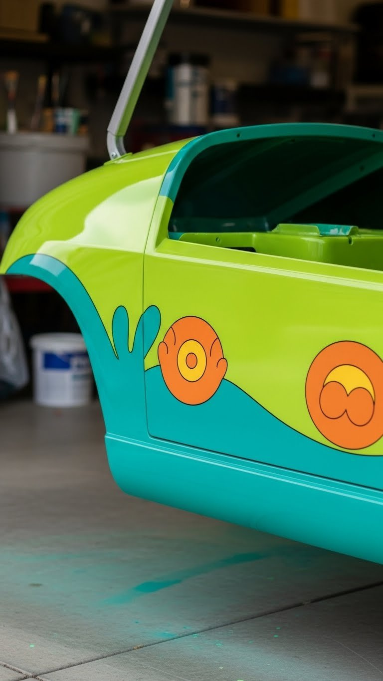 Close-Up Of A Golf Cart Side Panel Painted In Vibrant Mystery Machine Colors With Lime Green Body, Teal Lower Half, And Orange Accents In A Garage Setting