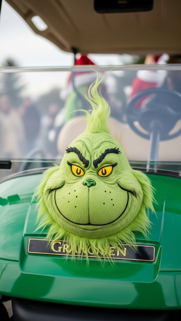 Close-Up Of A Large Expressive Grinch Face With Yellow Eyes And Mischievous Smile Mounted On The Front Grill Of A Golf Cart During A Parade.