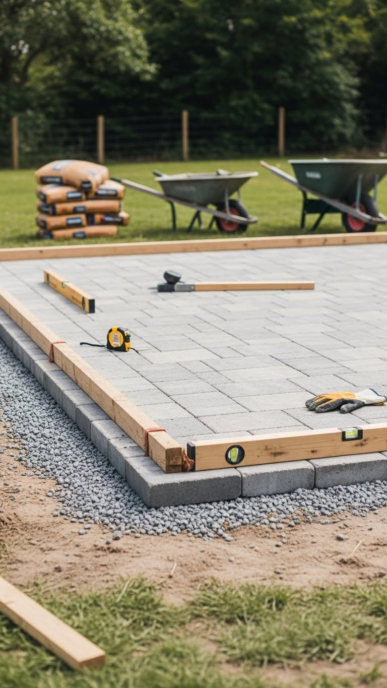 Golf Simulator Shed: Plan, Build, Design &Amp; Cost Guide Close-Up Of A Meticulously Leveled Concrete Slab Foundation Prepared For A Golf Simulator Shed, Surrounded By Construction Tools.