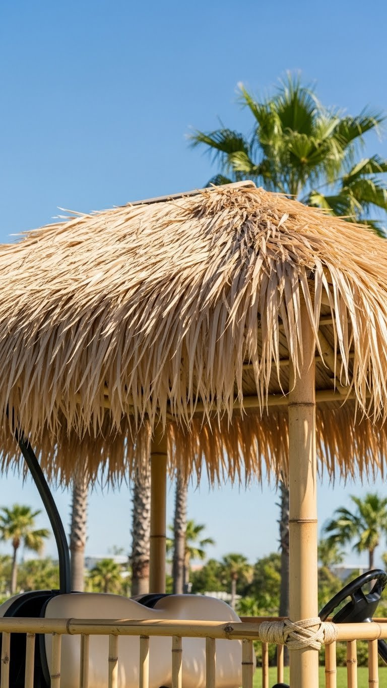 Close-Up Of A Synthetic Thatch Roof On A Tiki Golf Cart With Natural Bamboo Framing And Lush Greenery Background