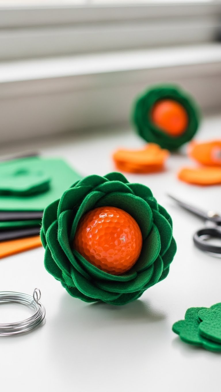 Close-Up Of A Vibrant Orange Golf Ball Partially Encased By Deep Green Felt Rose Petals On A White Craft Surface.