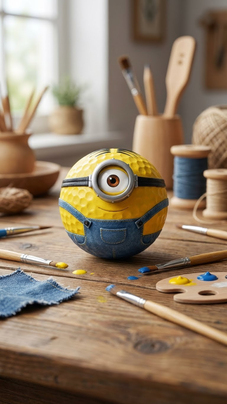 Minion Golf Ball Crafts: 11 Unique Diy Ideas &Amp; Designs Close-Up Of A Vibrant Yellow One-Eyed Minion Golf Ball Craft With Denim Overalls And Silver Goggle On A Rustic Wooden Table With Craft Supplies.