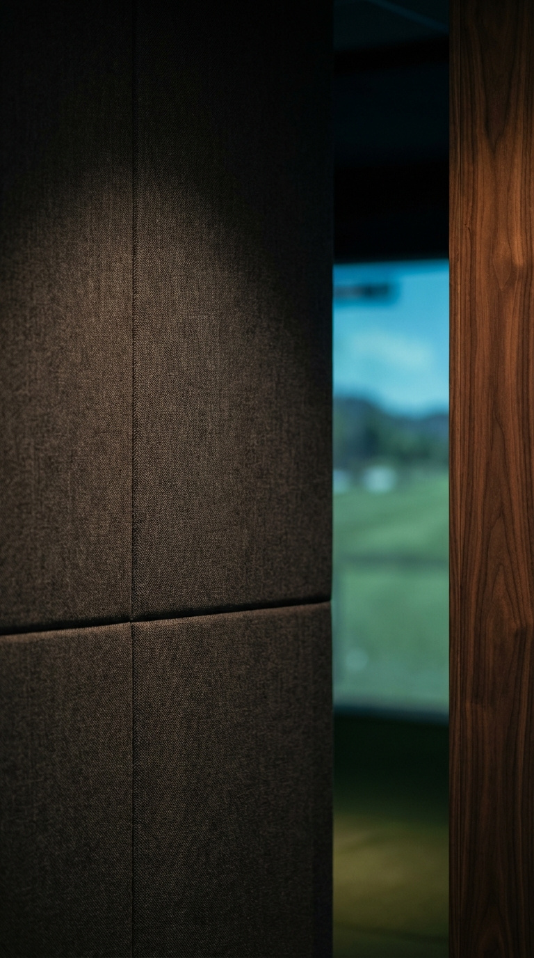 Moody Golf Simulator Room Design Guide For A Luxury Man Cave Close-Up Of Charcoal Gray Acoustic Panel Wall With Walnut Wood Accent In Sophisticated Golf Simulator Room Interior