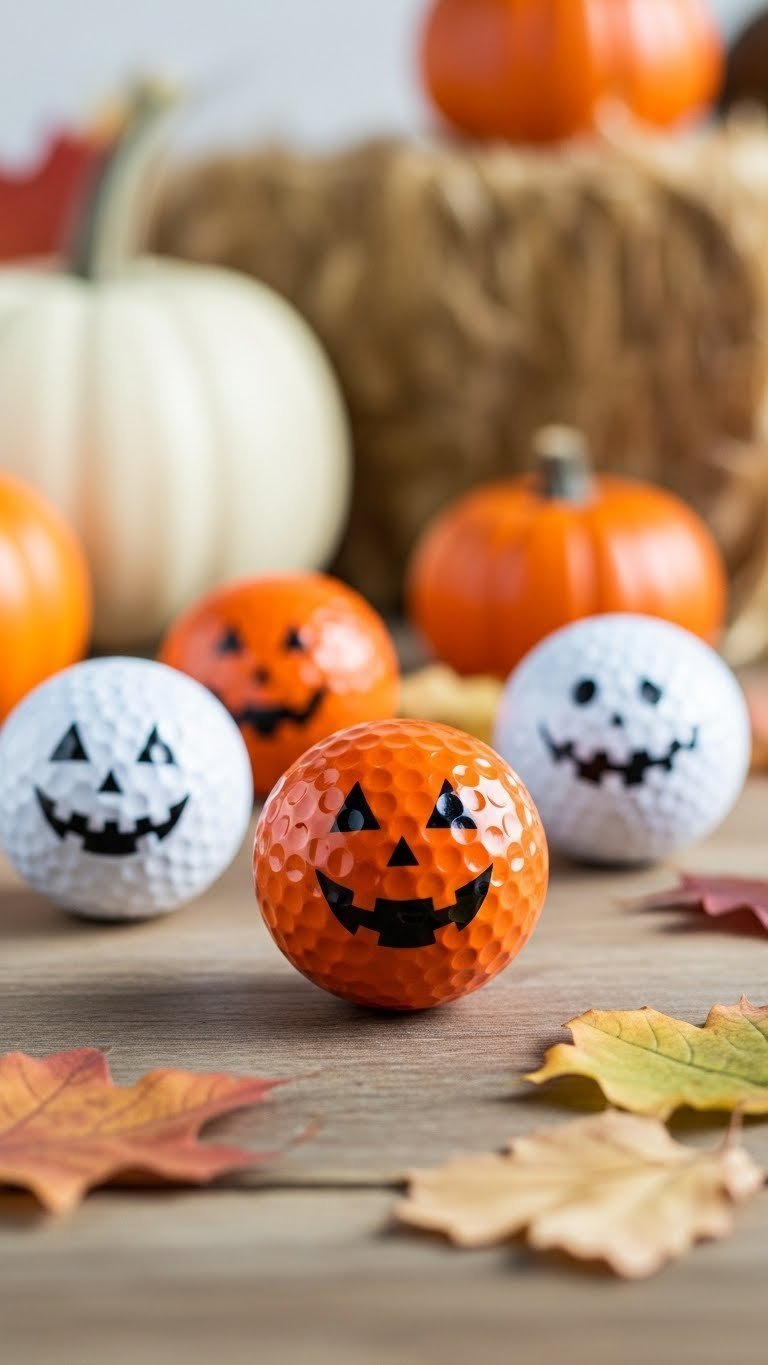 Close-Up Of Classic Jack-O-Lantern Golf Ball Pumpkins With Spooky Faces On Rustic Wooden Table Surrounded By Autumn Leaves