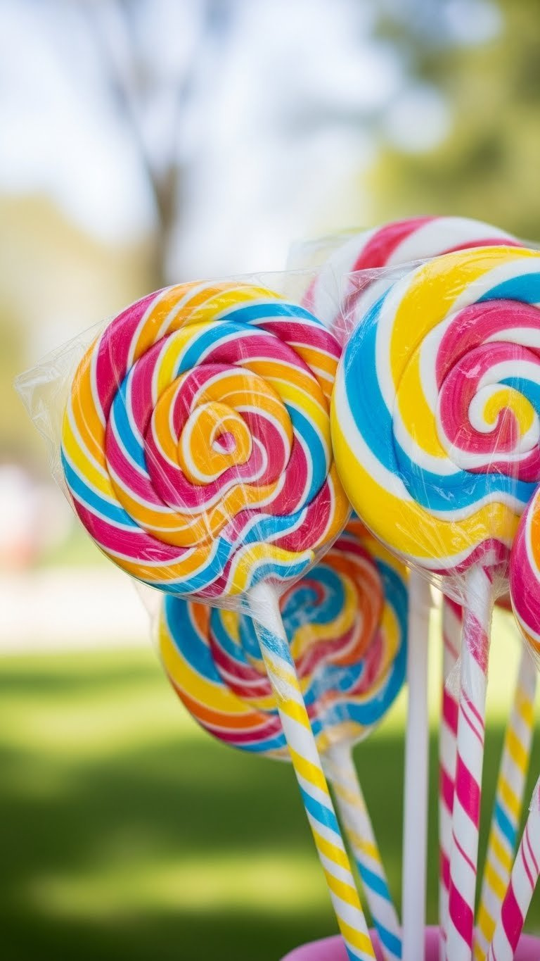 Candy Land Golf Cart: 11 Stunning Ideas To Win Any Parade Close-Up Of Colorful Oversized Lollipops With Glossy Cellophane Wrapping And Candy Cane Sticks Against Soft Grassy Outdoor Backdrop