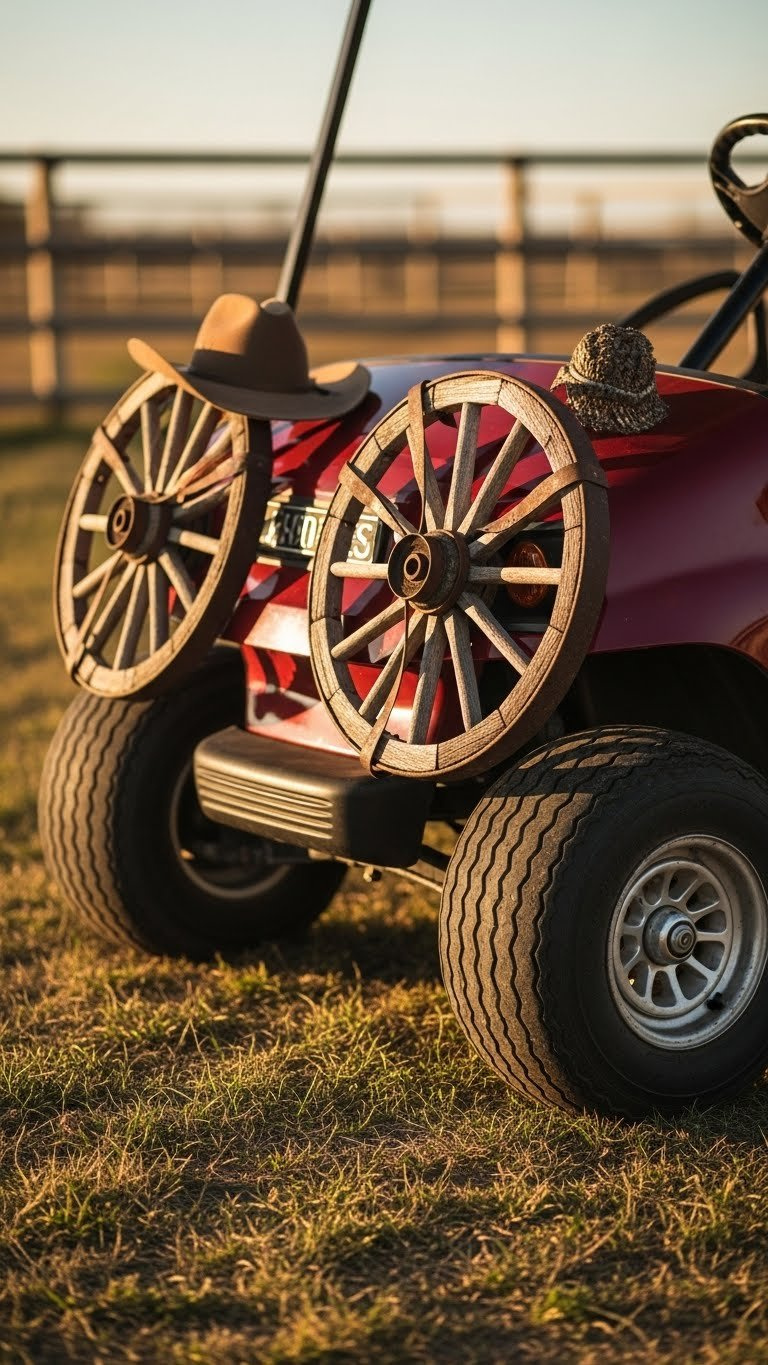 Close-Up Of Cowboy Golf Cart With Rustic Wagon Wheel Accents In Golden Hour Light Against Grassy Outdoor Setting