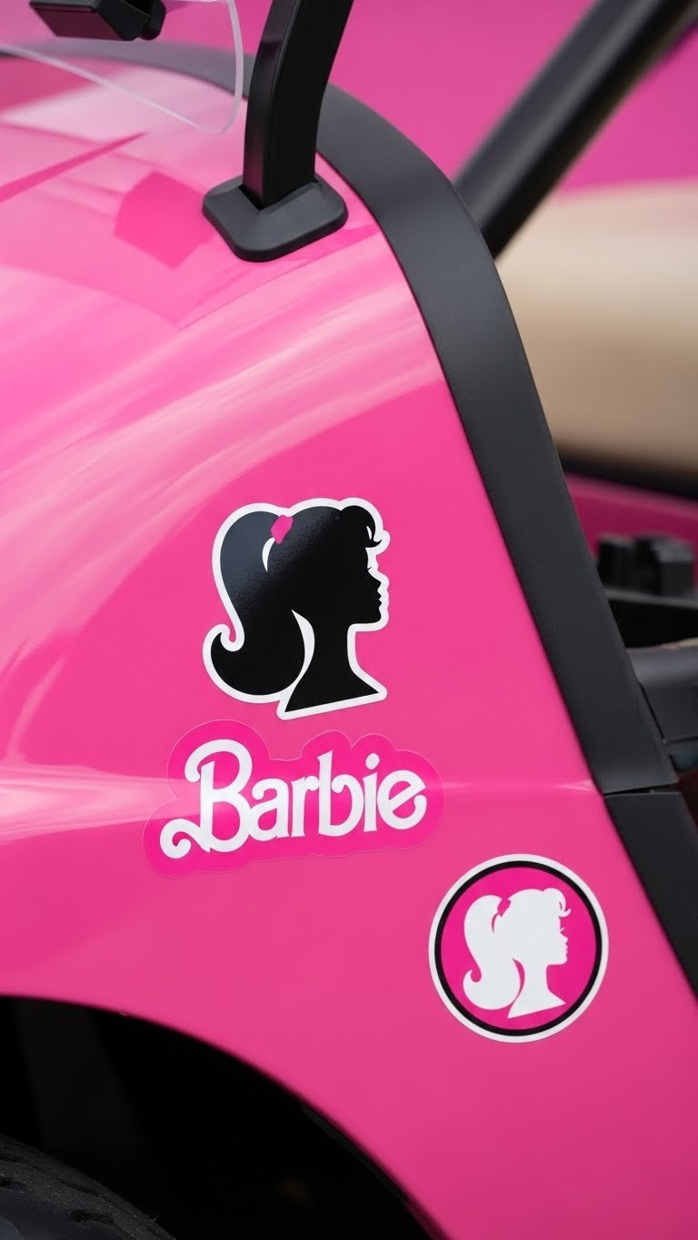 Close-Up Of Crisp Barbie Logo Decals Applied To Vibrant Pink Golf Cart Panel Surface
