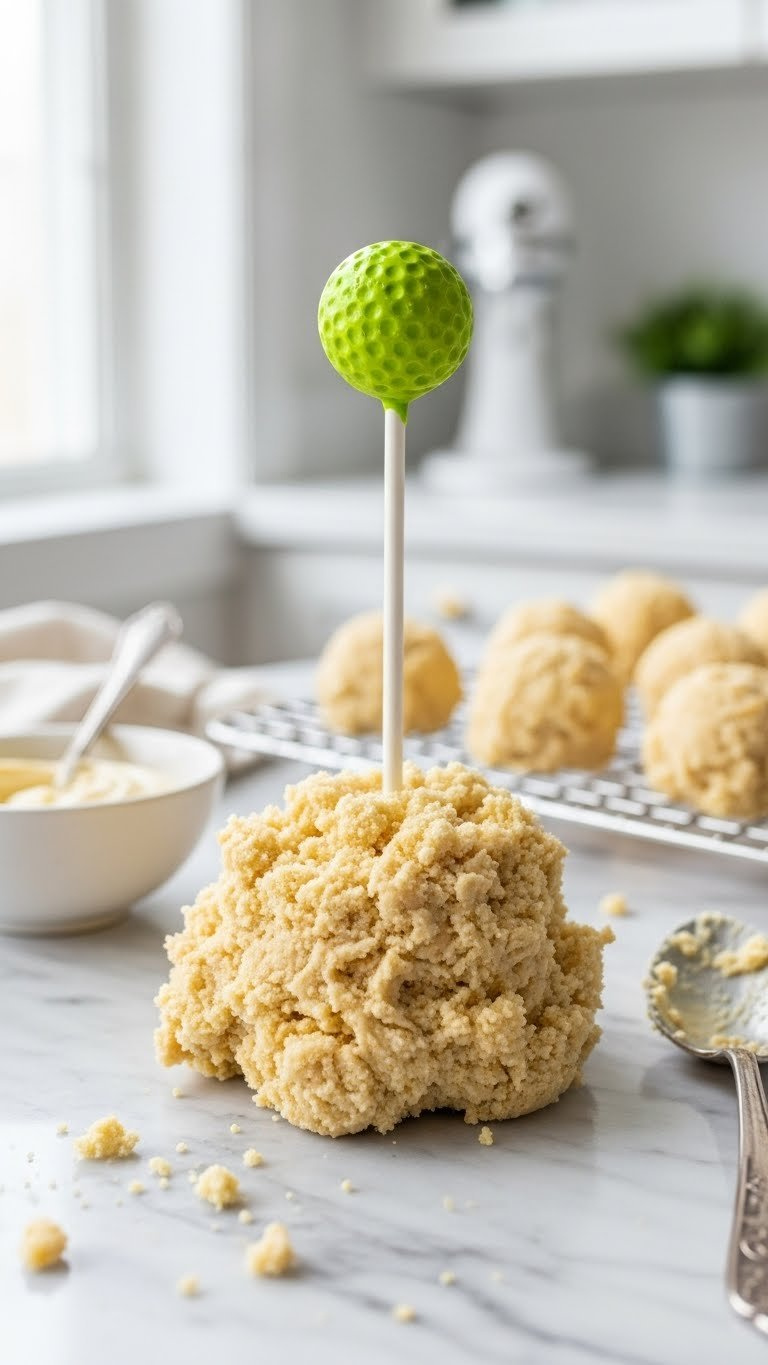 Close-Up Of Crumbled Cake Mixture With Fine Texture On Marble Countertop For Golf Ball Cake Pops Preparation