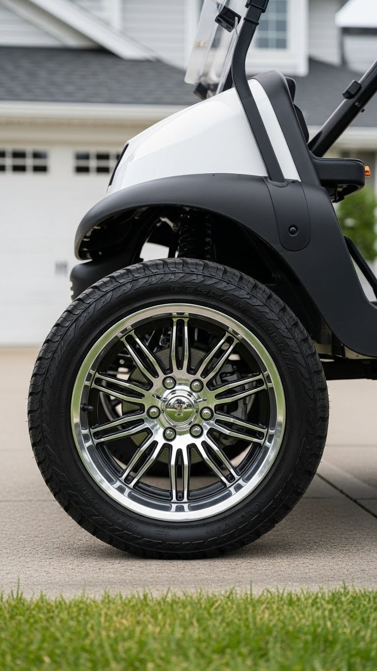 Close-Up Of Custom Golf Cart Wheel And Tire With Gleaming Finish On Paved Driveway With Blurred Garage Background.