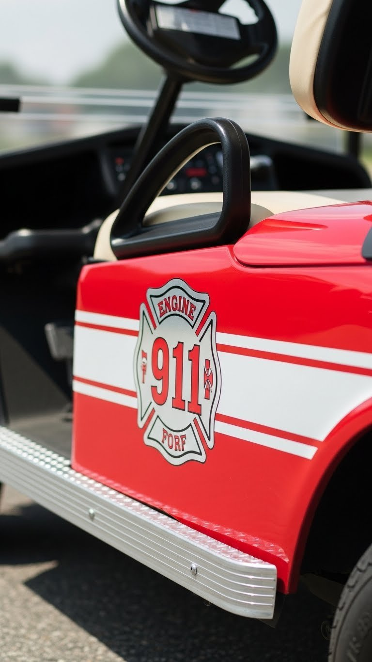 Close-Up Of Fire Truck Golf Cart Side With Reflective Vinyl Decal Showing Engine 911 Logo