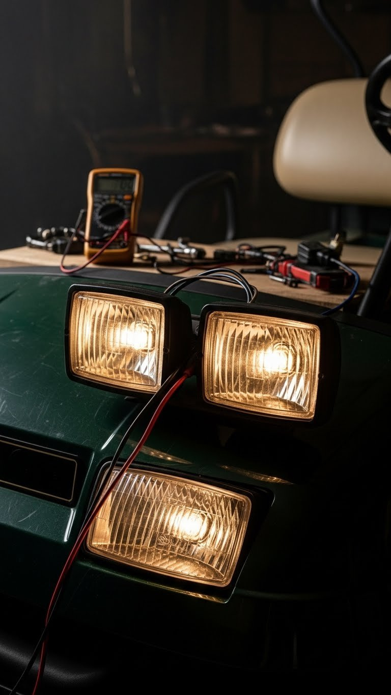 Close-Up Of Flickering Golf Cart Headlights Showing Wiring Issues In Workshop Setting