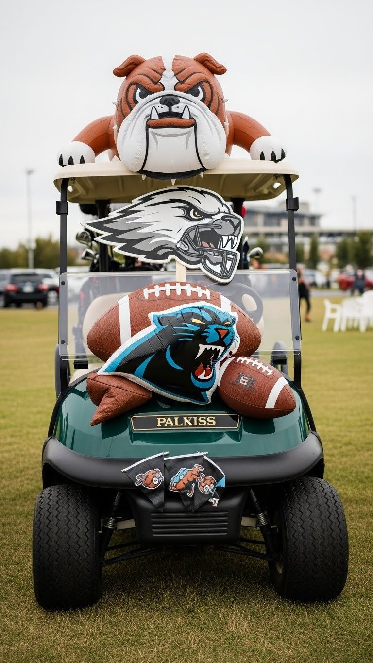 Close-Up Of Football Team Mascot Display On Golf Cart Hood Featuring Detailed Inflatable Bulldog With Soft Bokeh Stadium Background.