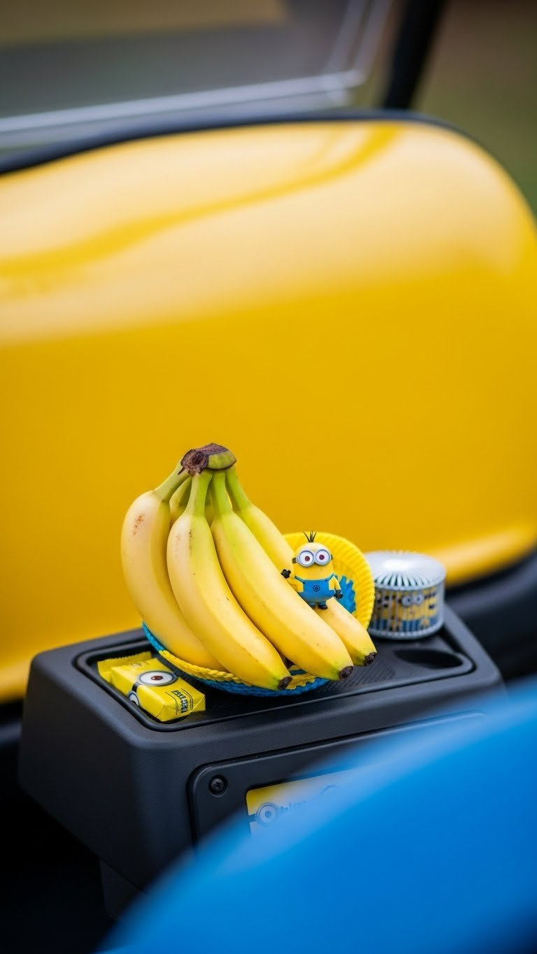 Close-Up Of Fresh Bananas In Whimsical Basket Integrated Into Minion Golf Cart Decor With Soft Natural Lighting