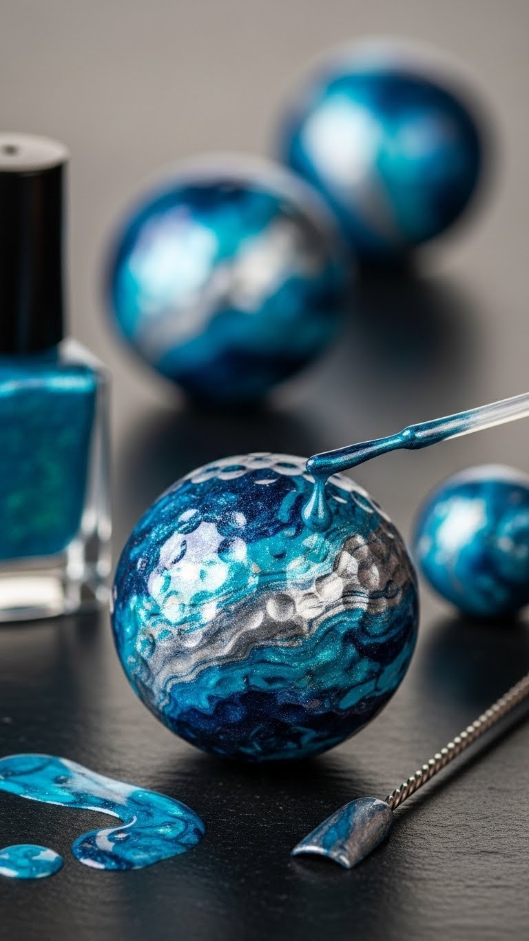Close-Up Of Golf Ball With Swirling Marbled Nail Polish Pattern In Deep Blues And Teals On Reflective Dark Surface