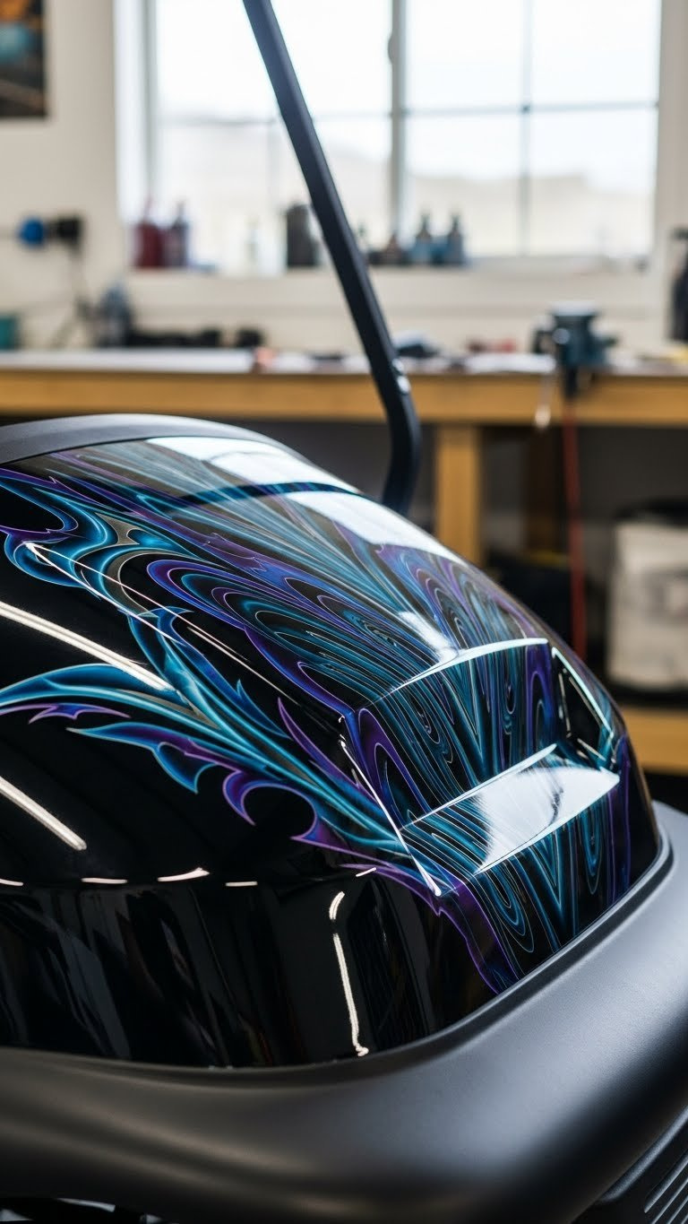 Close-Up Of Golf Cart Bodywork Showcasing Intricate Custom Paint Job With Metallic Blues And Purples In Workshop Setting