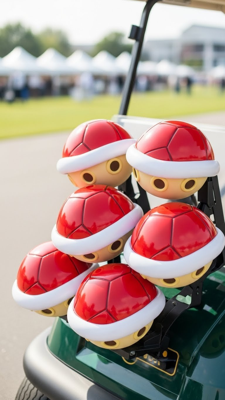 Close-Up Of Golf Cart Featuring Cluster Of Seven Vibrant Red Koopa Shells Arranged Dynamically On Paved Surface