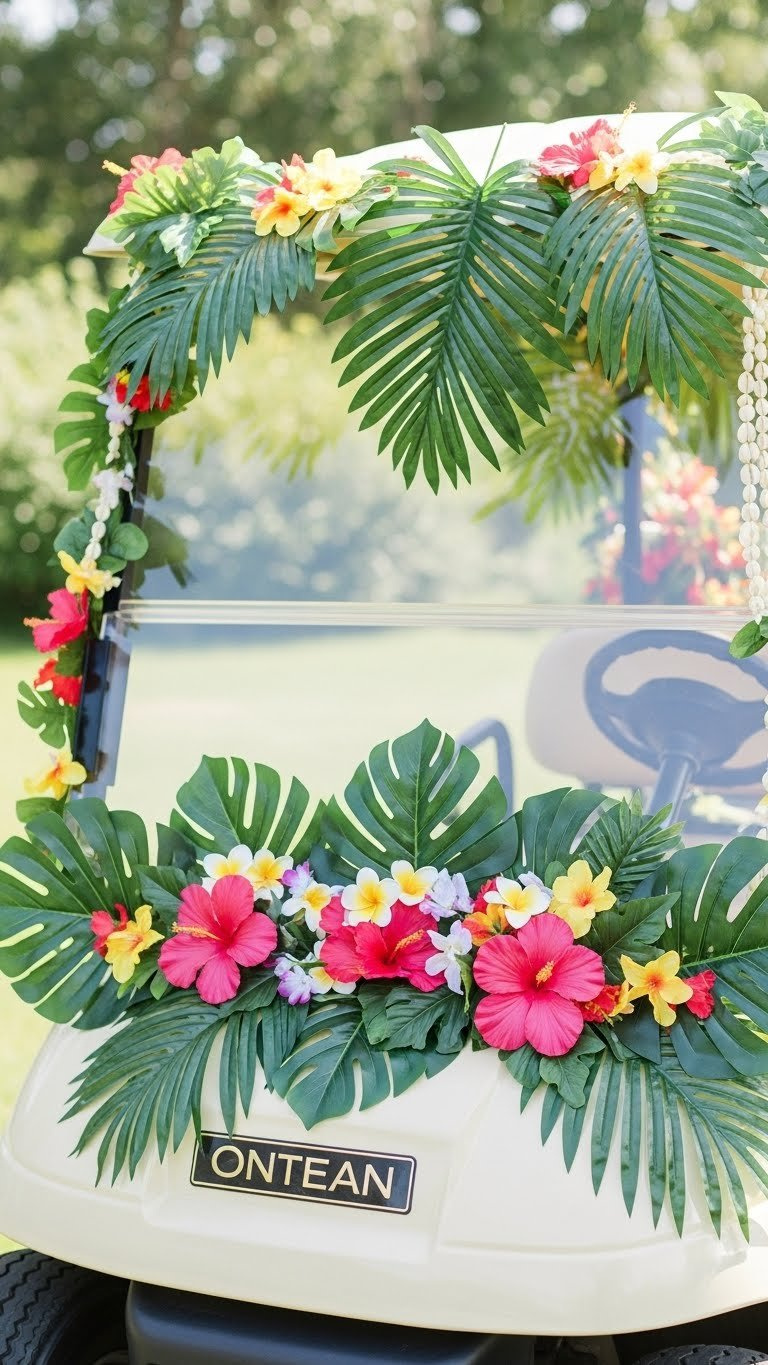 Close-Up Of Golf Cart Front Grille Overflowing With Vibrant Hibiscus And Plumeria Flowers With Lush Palm Leaves