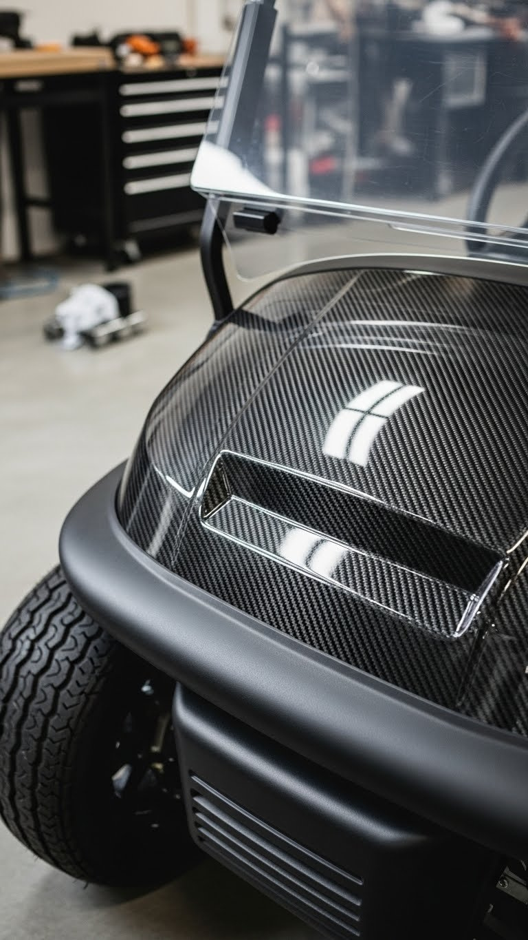 Close-Up Of Golf Cart Hood With Carbon Fiber Textured Vinyl Wrap In Workshop Setting