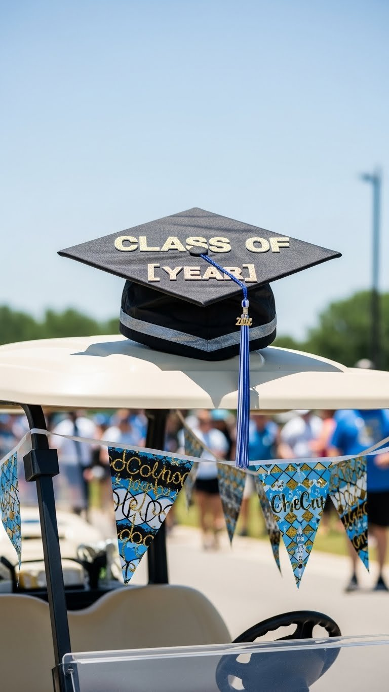 Close-Up Of Golf Cart Roof With Large Graduation Cap Topper Featuring School Colors Tassel Against Soft Bokeh Outdoor Parade Background