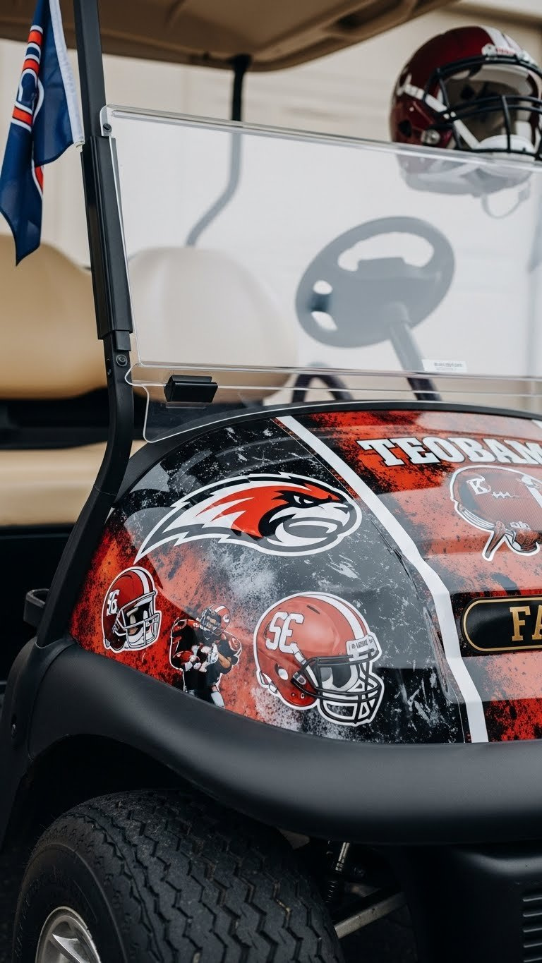 Close-Up Of Golf Cart Side Panel With Custom Football Team Decals, Crisp Vinyl Graphics, And Clean Minimalist Background.