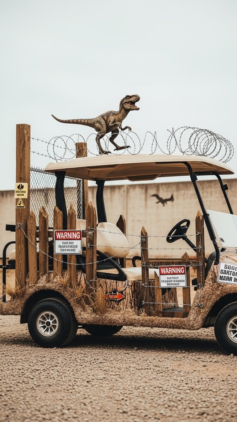 Close-Up Of Golf Cart Side Transformed Into Raptor Paddock With Distressed Fence Posts And Faux Barbed Wire.