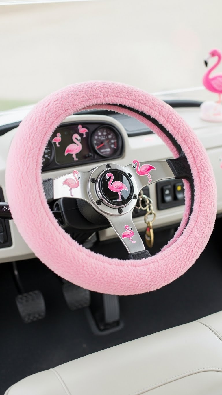 Close-Up Of Golf Cart Steering Wheel Wrapped In Pink Fuzzy Flamingo Cover With Dashboard Decals And Miniature Figurine