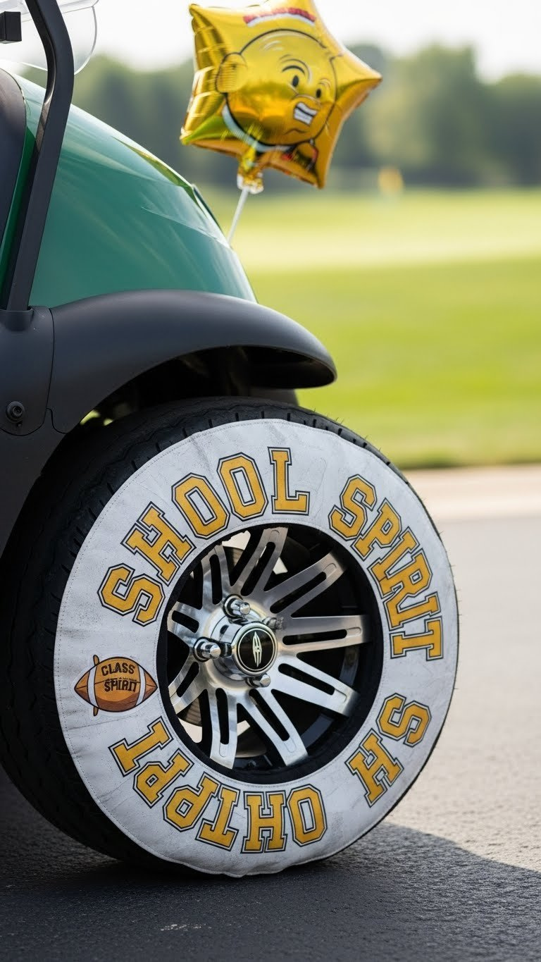 Close-Up Of Golf Cart Wheel Decorated With School Spirit Wheel Cover Featuring Class Year And Mascot Design
