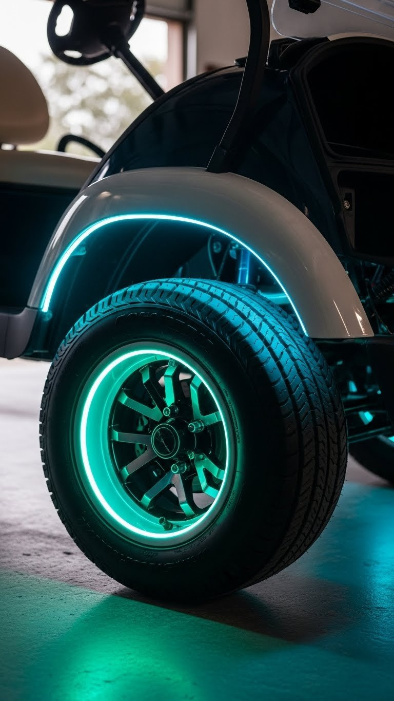 Close-Up Of Golf Cart Wheel Well With Circular Neon Light Strips Casting Vibrant Glow On Tire In Garage Setting