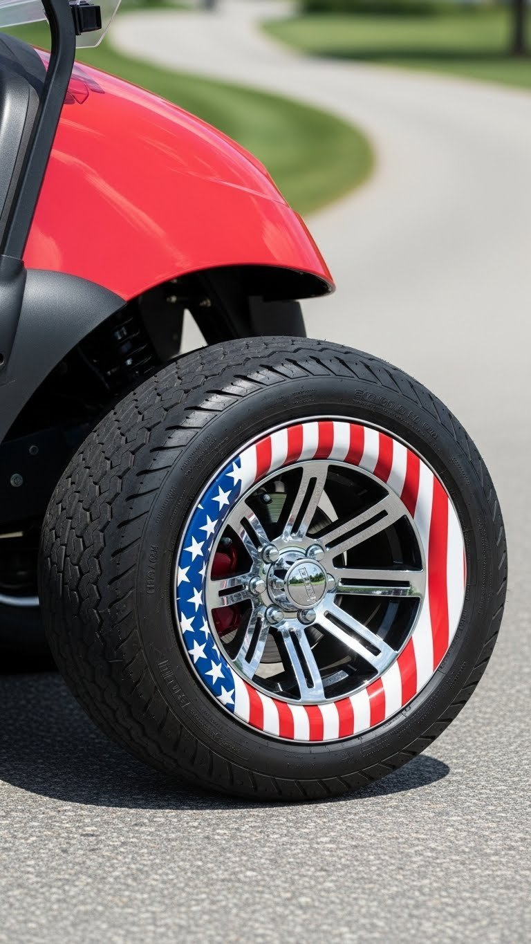 Close-Up Of Golf Cart Wheel With Custom Red, White, And Blue Patriotic Wheel Cover For Labor Day