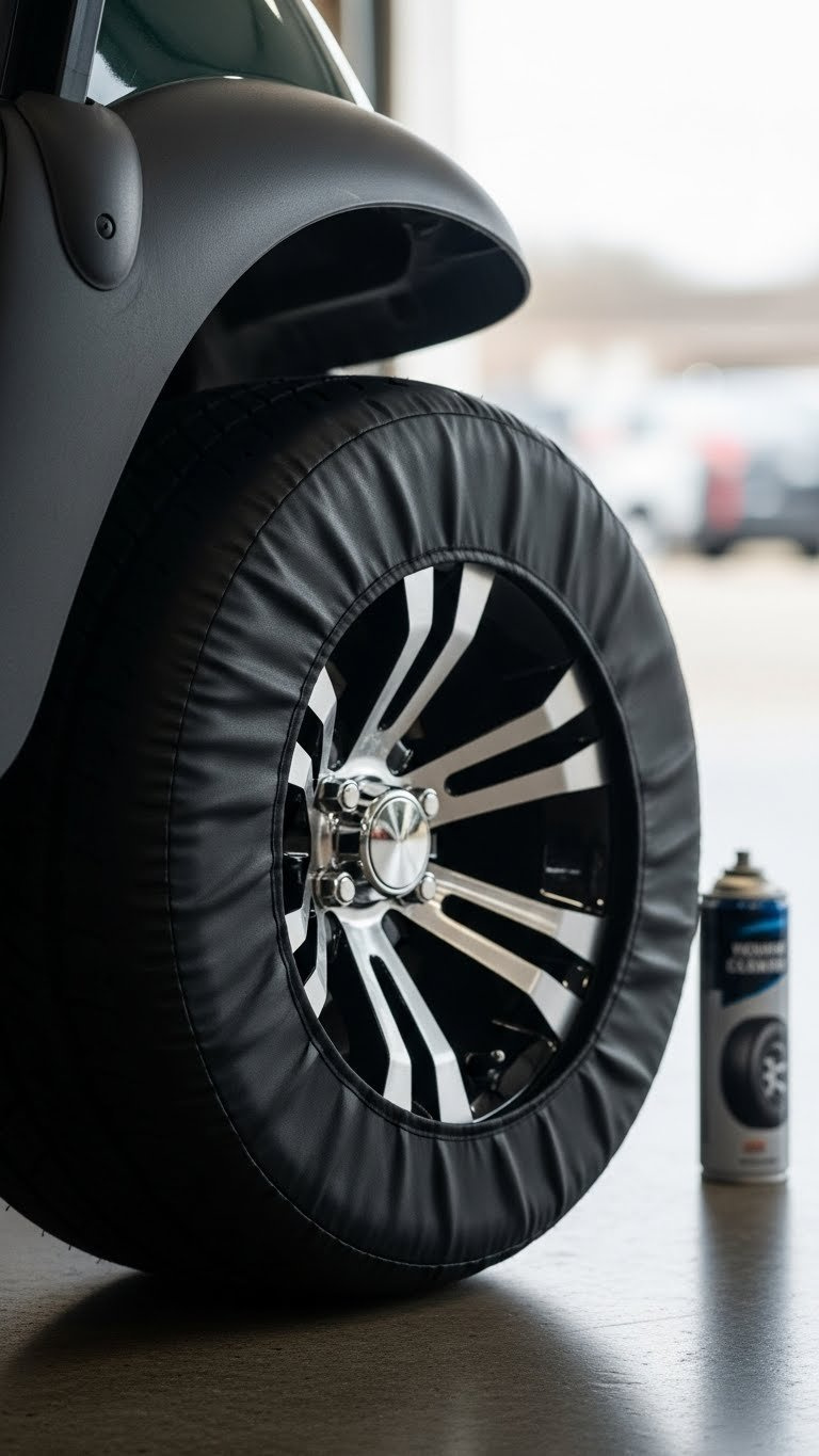 Close-Up Of Golf Cart Wheel With Sleek Black Tire Cover Installed For Uv Protection