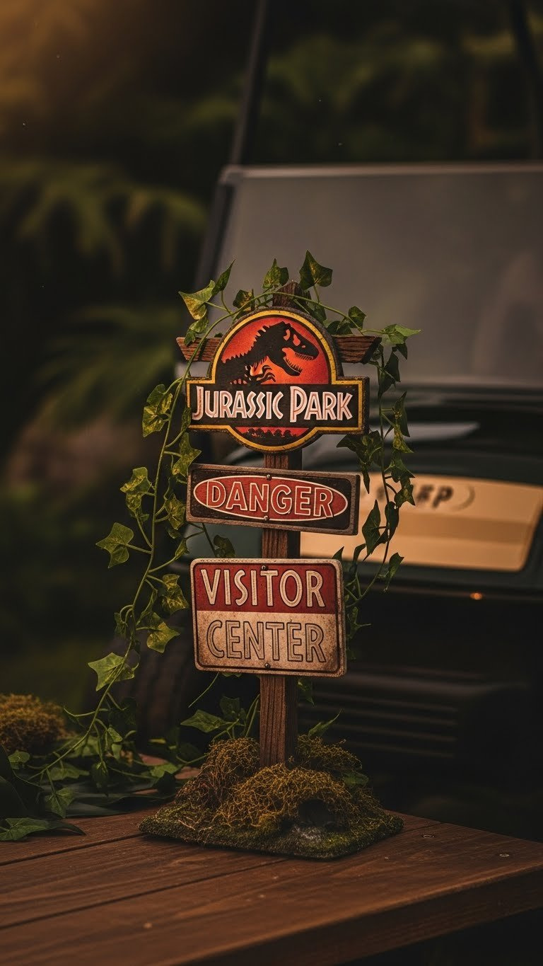 Close-Up Of Golf Cart With Weathered Jurassic Park Entrance Sign Mounted On Post Against Jungle Foliage Backdrop.